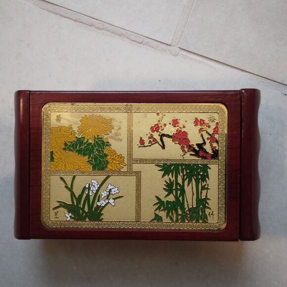 ASIAN WOODEN VINTAGE TRINKET JEWELRY ENAMEL FLOWERS BAMBOO ROSEWOOD BOX - Picture 2 of 9
